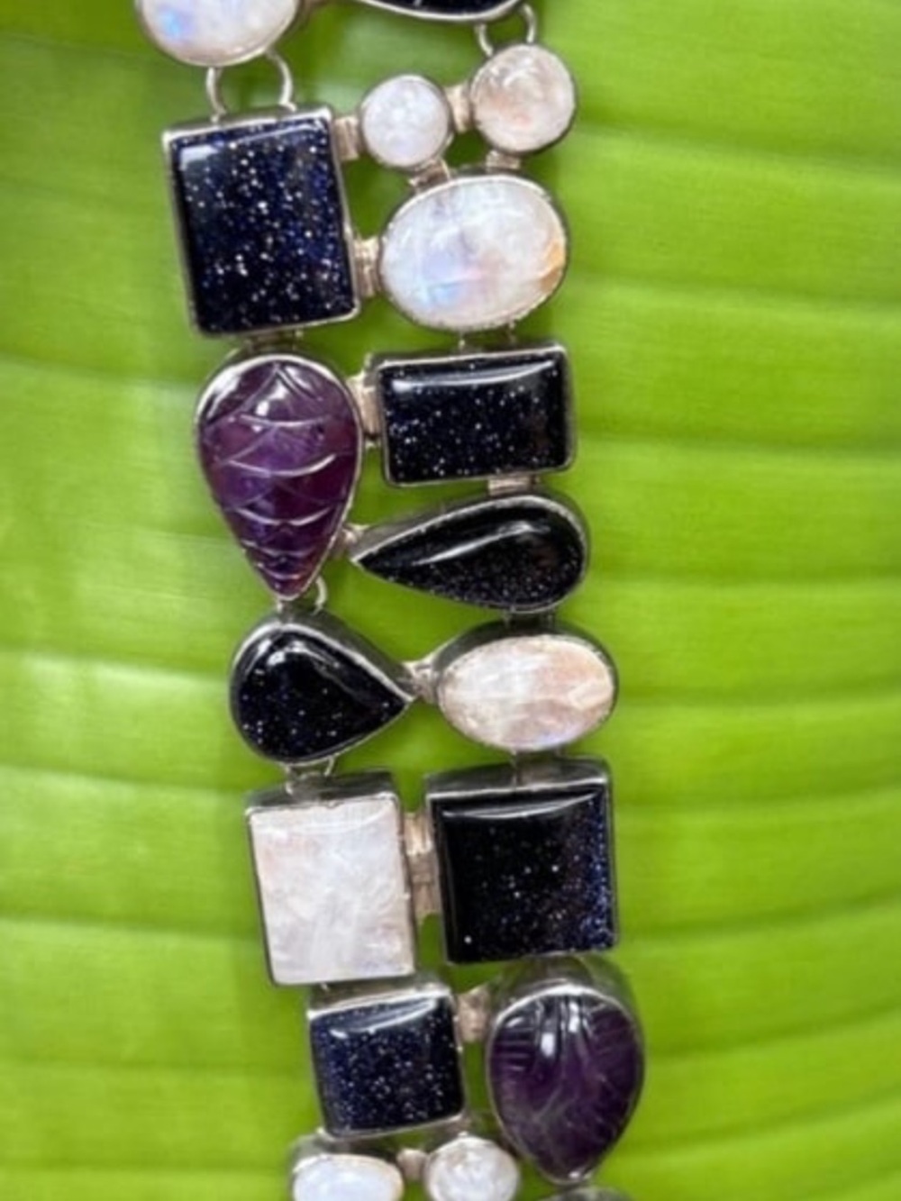 sterling silver moonstone amethyst blue blood stone wide multi gemstone bracelet
